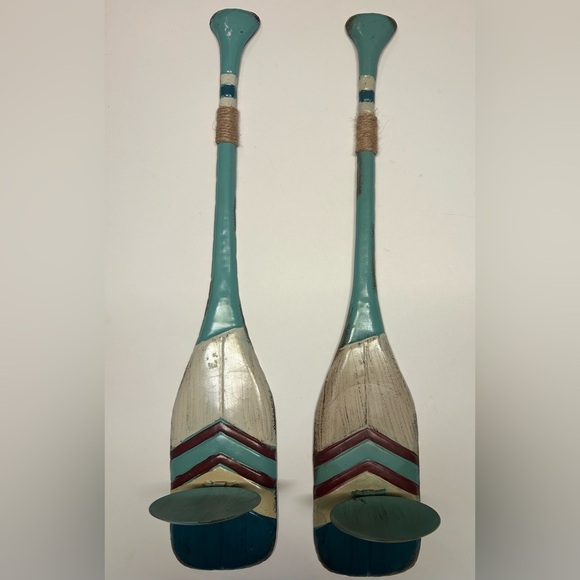 Two metal decorative boat oar candle holders.  24” length 4” Wide Beach Decor - Picture 2 of 11